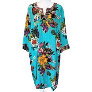 John Mark Turquoise Tropical Multicolor Embroidered Popover Dress EUC